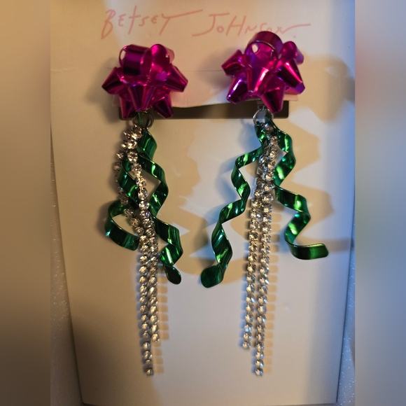 Betsey Johnson Christmas Bow Crystal Ribbon Holiday Front Back Drop Earrings NIB - Picture 14 of 16